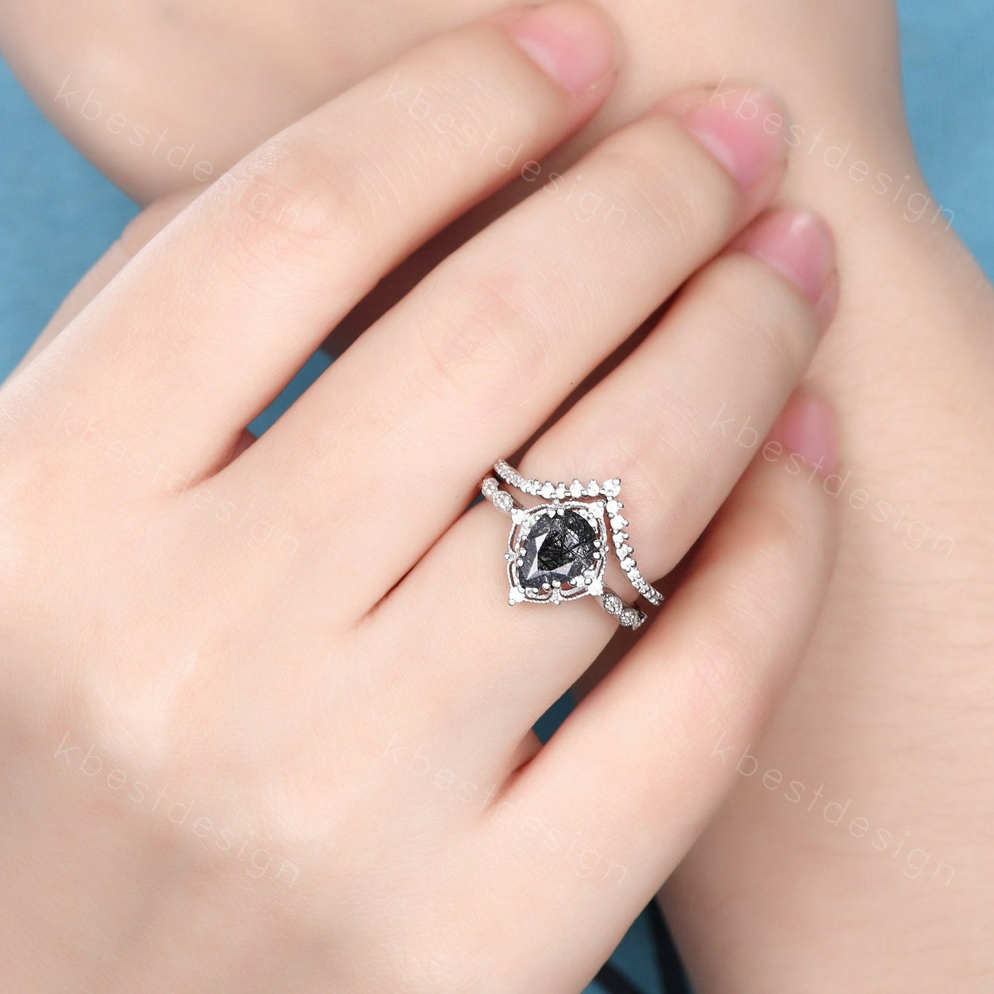 Vintage black rutilated quartz engagement ring silver ring art deco curved stacking band pear cut bridal set unique moissanite wedding set