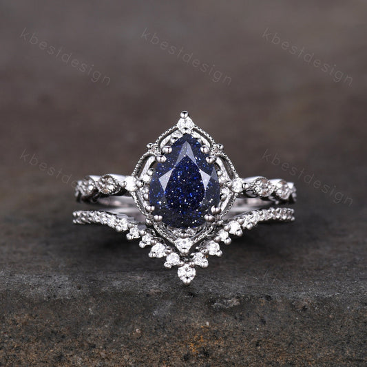 Pear cut blue sandstone engagement ring set white gold art deco stacking band curved moissanite wedding ring set unique bridal promise set