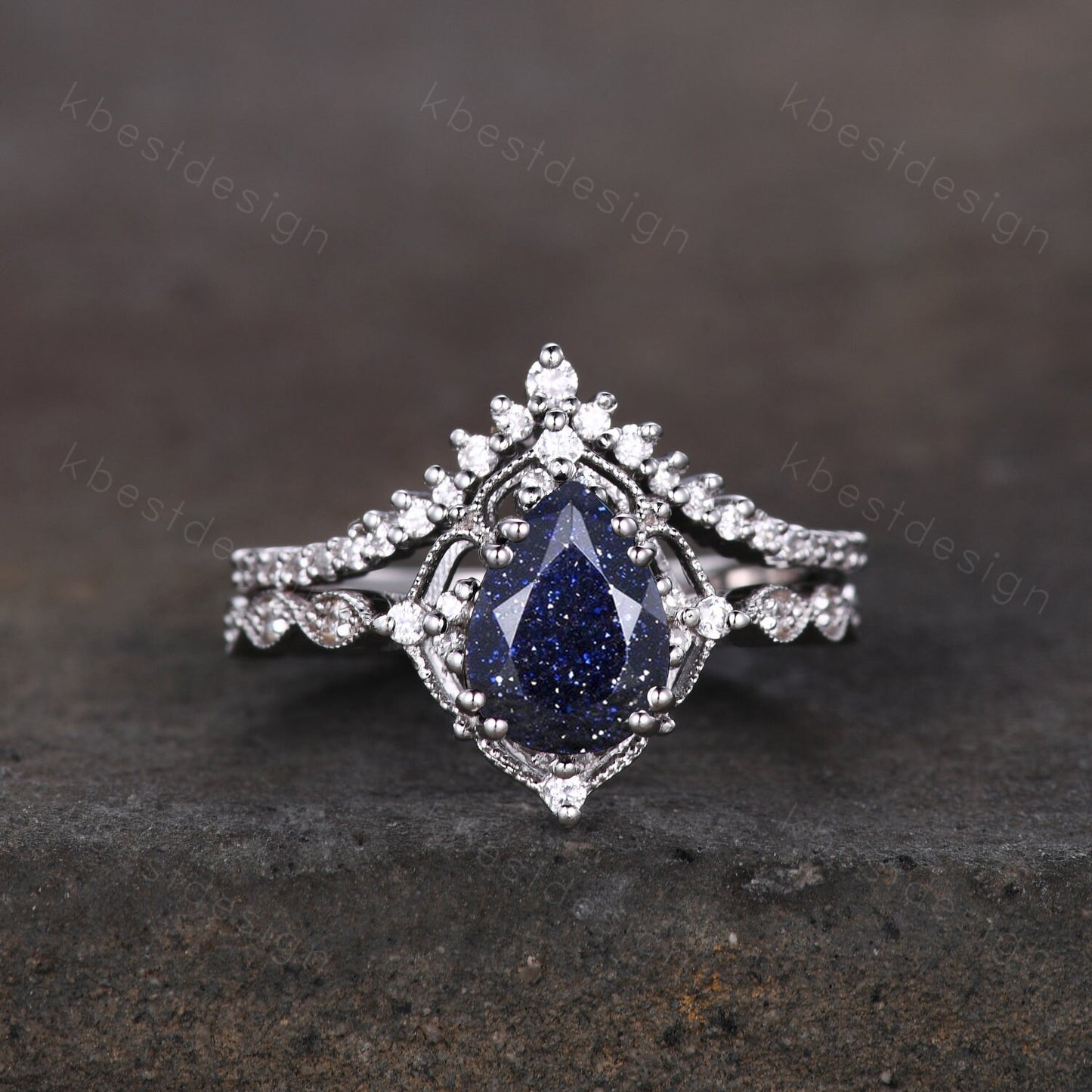 Pear cut blue sandstone engagement ring set white gold art deco stacking band curved moissanite wedding ring set unique bridal promise set