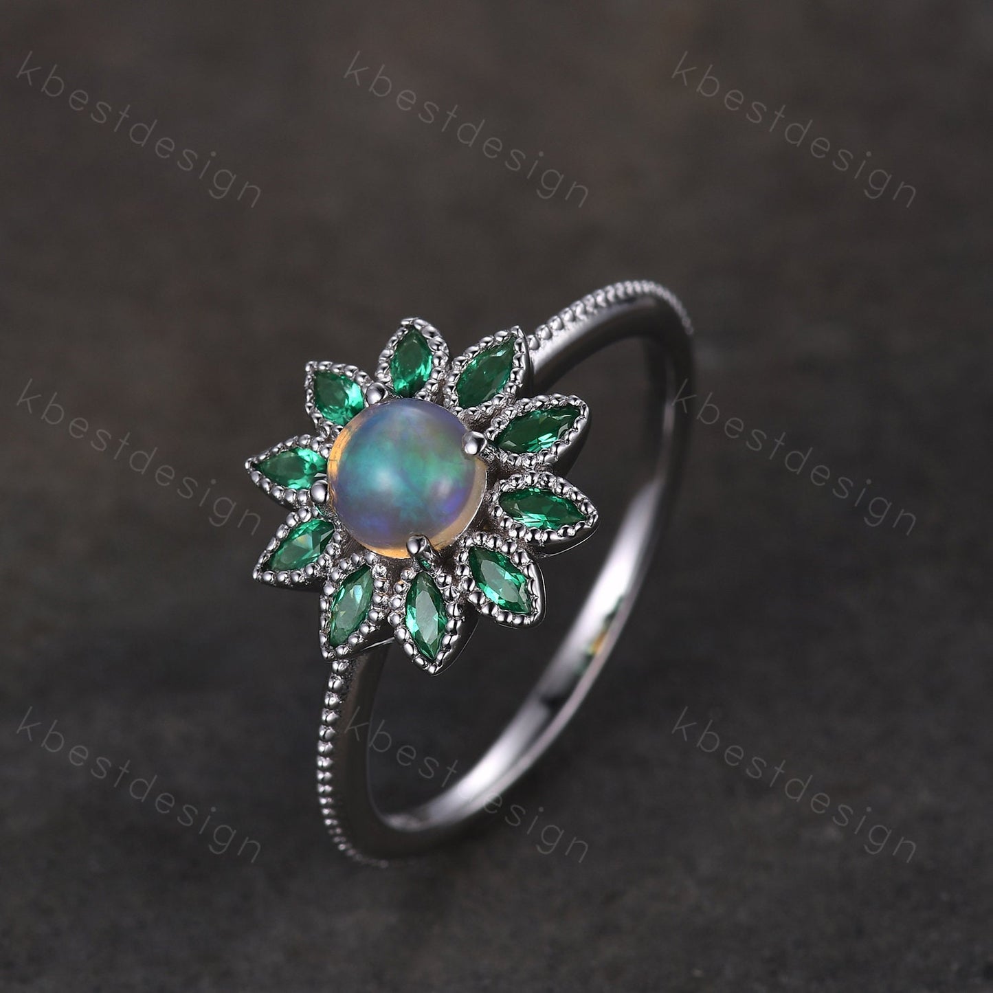 Natural Opal Emerald Engagement Ring Vintage Floral Opal Ring Unique Marquise cut Emerald Wedding Ring October Birthstone Ring Promise Gift