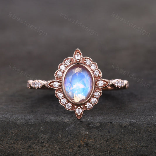 Oval cut Moonstone engagement ring rose gold ring for women vintage unique moissanite wedding ring rainbow moonstone ring Promise ring