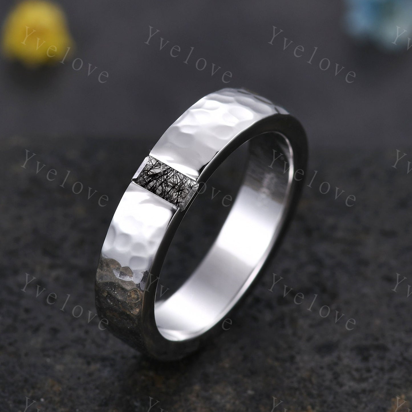 Mens Black Rutilated Quartz Wedding Band Baguette Cut Band 5mm Black Gold Ring Mens Hammered Stacking Matching Band Retro Vintage Ring Gift