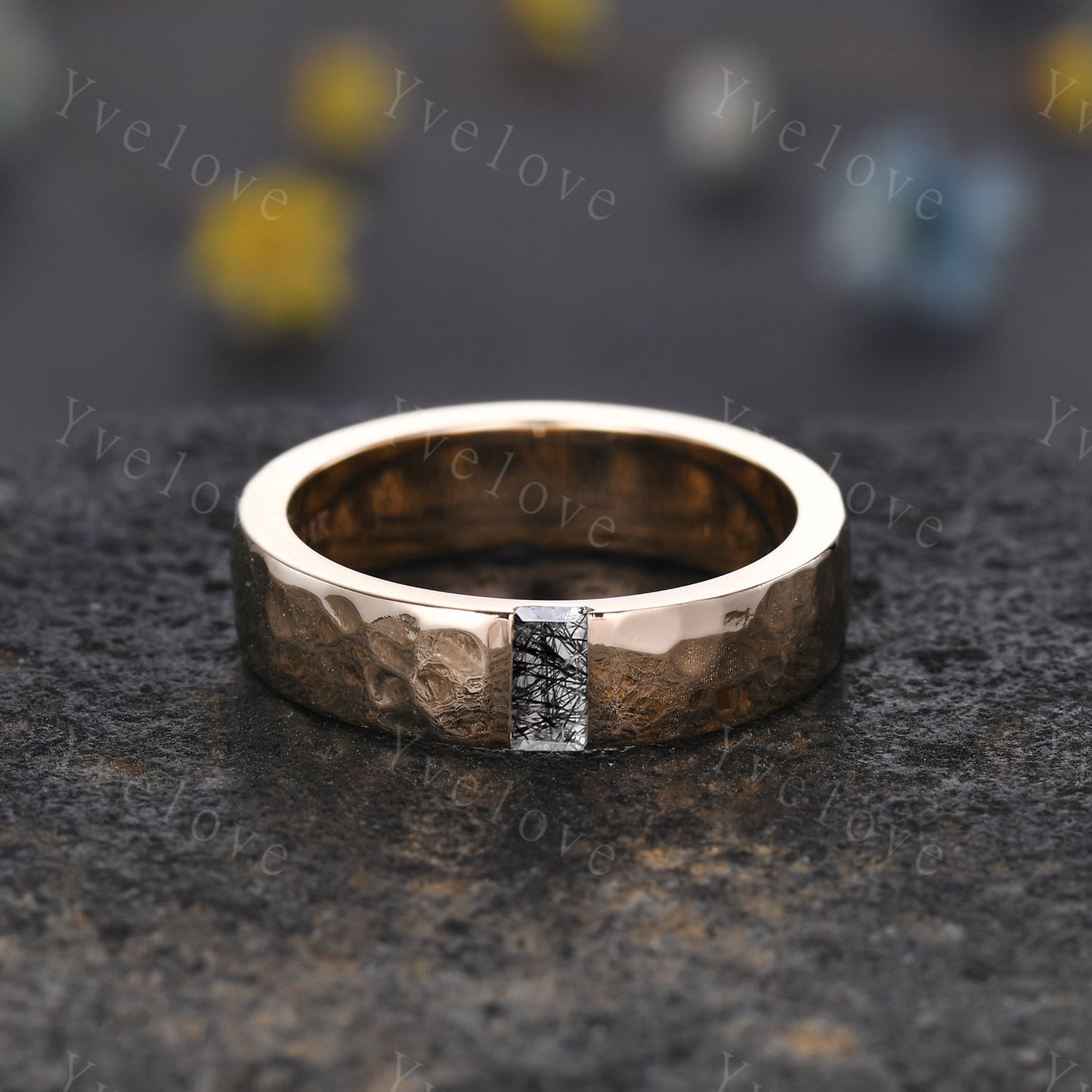 Mens Black Rutilated Quartz Wedding Band Baguette Cut Band 5mm Black Gold Ring Mens Hammered Stacking Matching Band Retro Vintage Ring Gift