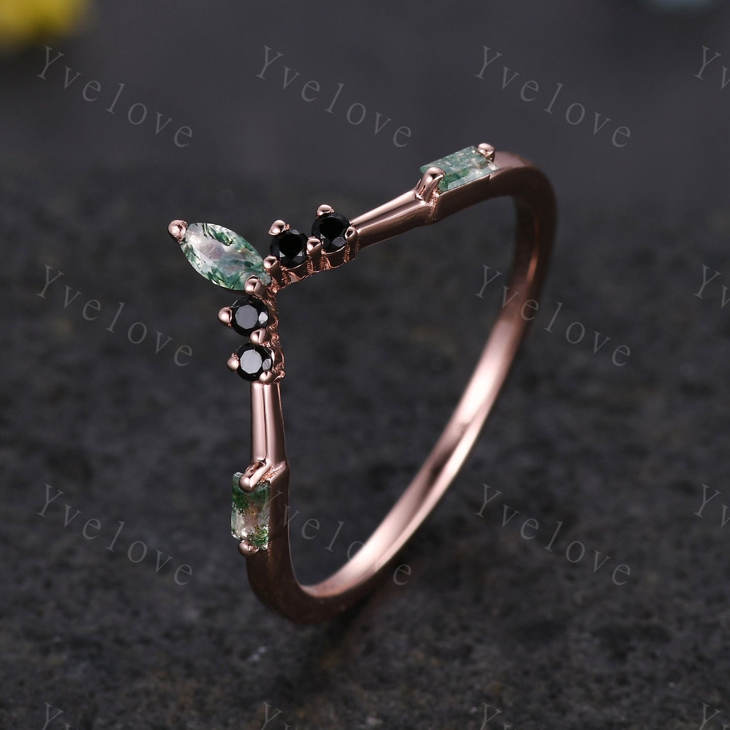 Marquise Moss Agate Wedding band,Baguette Green Agate,Vintage Retro Gold Ring,Black Spinel Stone,Women V Curved Stacking Band Bridal Gift