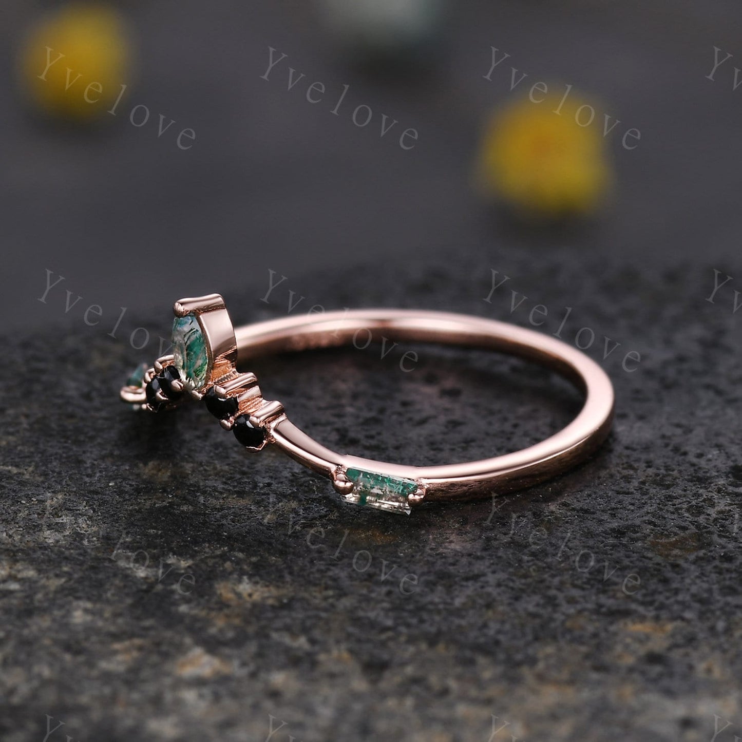 Marquise Moss Agate Wedding band,Baguette Green Agate,Vintage Retro Gold Ring,Black Spinel Stone,Women V Curved Stacking Band Bridal Gift
