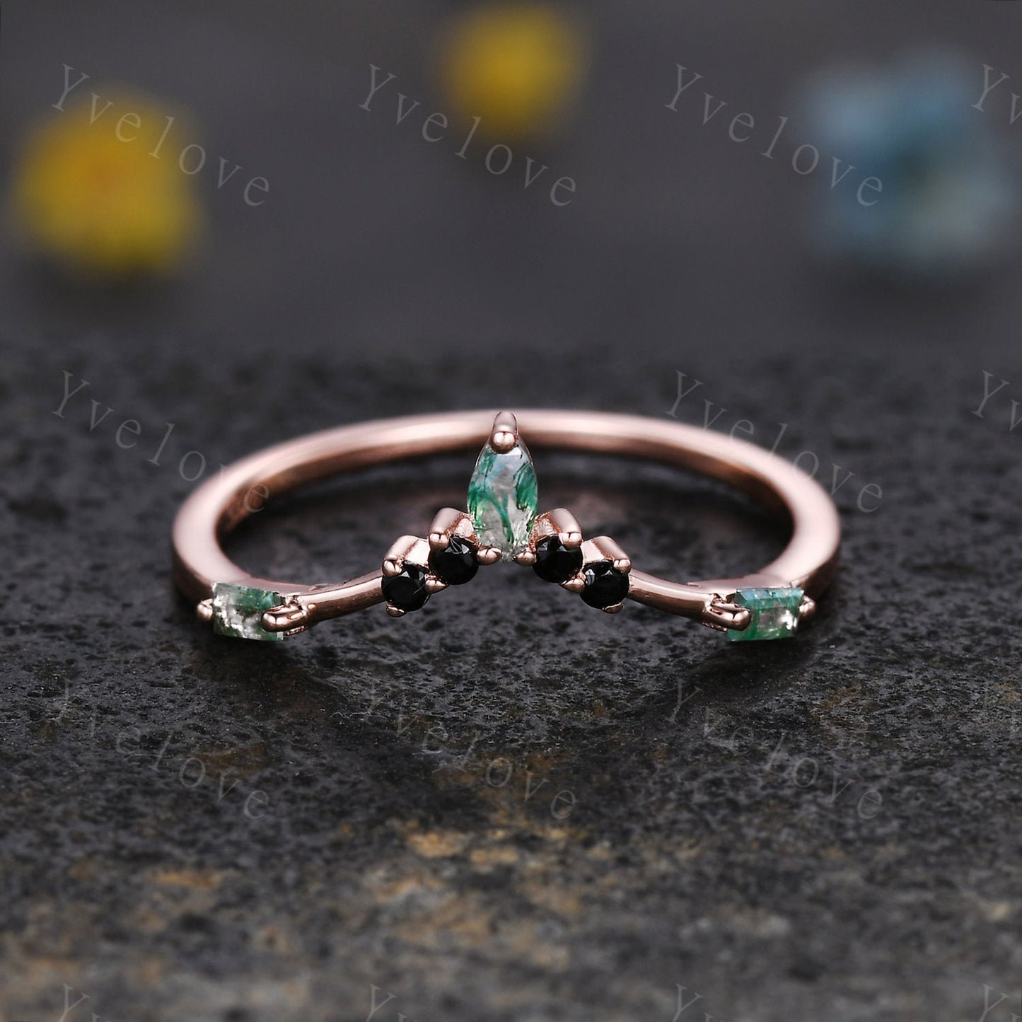 Marquise Moss Agate Wedding band,Baguette Green Agate,Vintage Retro Gold Ring,Black Spinel Stone,Women V Curved Stacking Band Bridal Gift