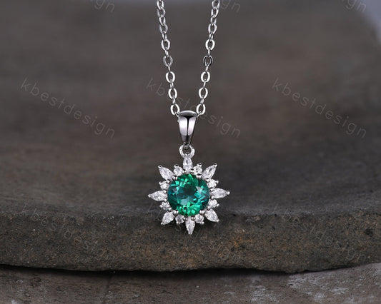 Round cut green emerald necklace solid 14k 18k white gold vintage unique Personalized pendant women moissanite anniversary bridal gift
