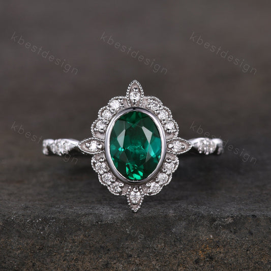 Vintage oval cut green emerald ring white gold unique emerald engagement ring antique milgrain moissanite wedding ring bridal promise ring