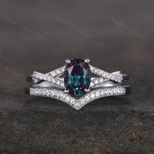 Oval cut Alexandrite bridal ring set vintage unique Alexandrite engagement ring curved moissanite ring set for women silver ring