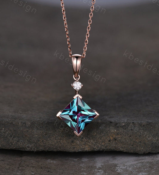 3CT Lab Alexandrite Necklace, Unique Princess cut Pendant, Vintage Rose Gold Necklace, Alexandrite Silver Pendant, June Birthstone necklace