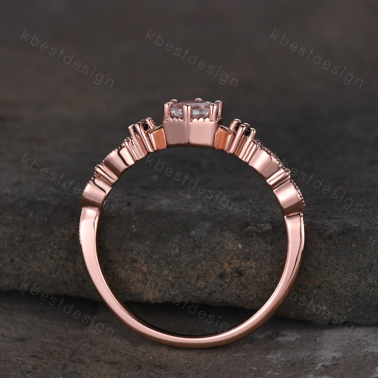 Vintage hexagon cut Moonstone engagement ring 14k rose gold art deco ring three stone antique black spinel ring women anniversary ring gift