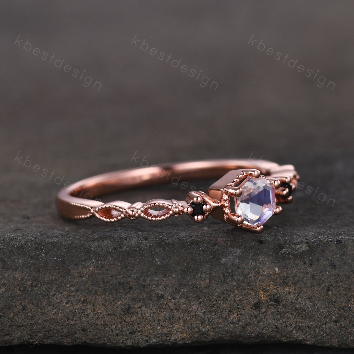 Vintage hexagon cut Moonstone engagement ring 14k rose gold art deco ring three stone antique black spinel ring women anniversary ring gift