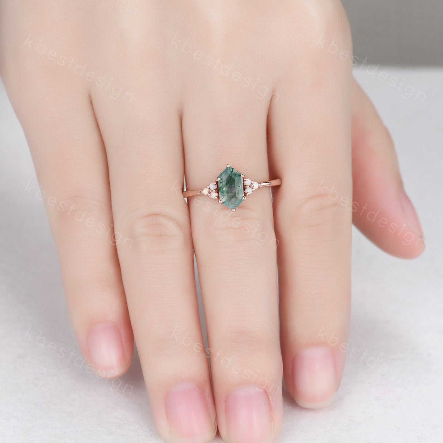 Vintage long hexagon cut Moss Agate ring Rose gold green agate engagement ring unique opal wedding ring art deco cluster bridal ring