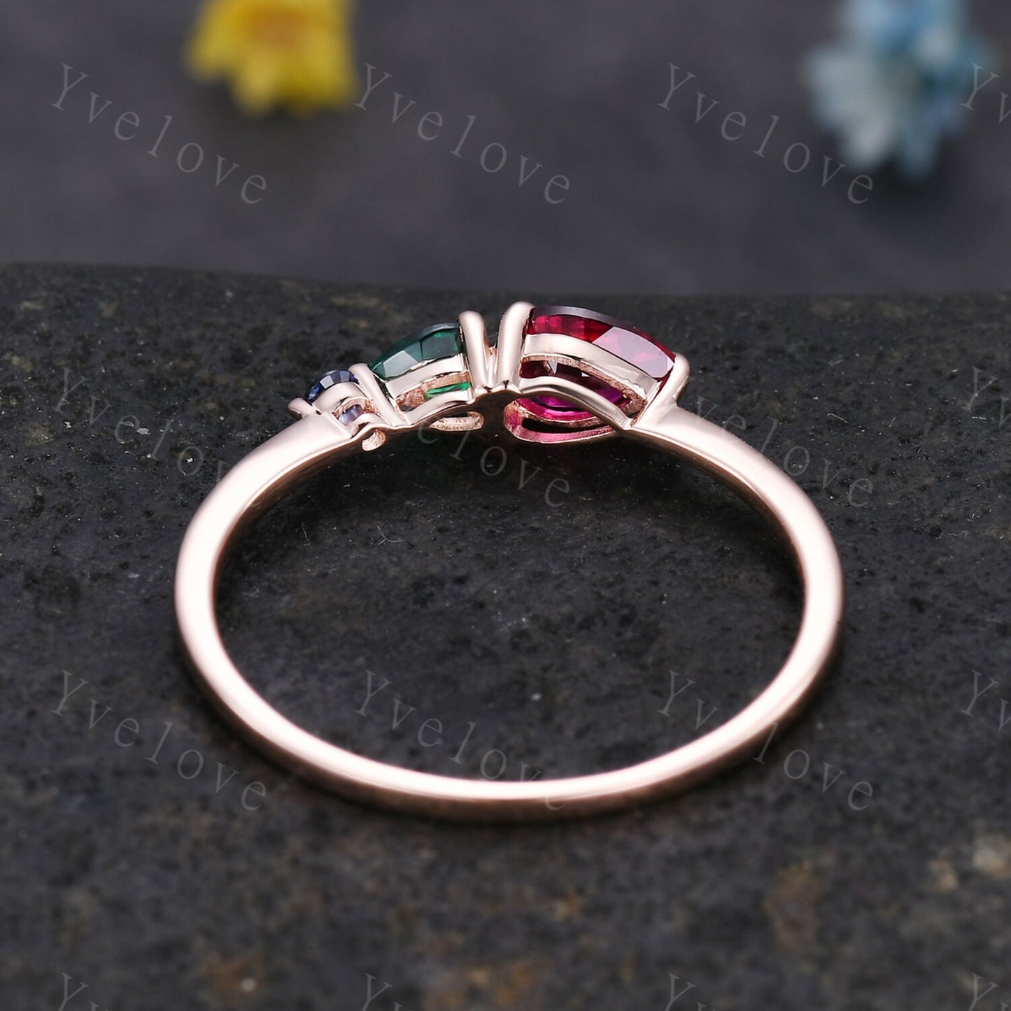 Vintage Red Ruby Engagement Ring,Pear Cut Emerald Gems,Art Deco Sapphire Wedding Band,3 Stone Unique Women Bridal Promise Ring,Custom