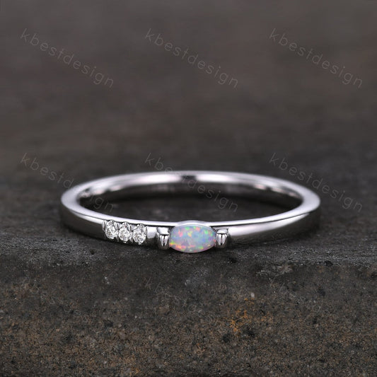 Minimalist Opal wedding band silver Moissanite band dainty marquise cut opal ring Unique stacking matching band Promise Anniversary gift