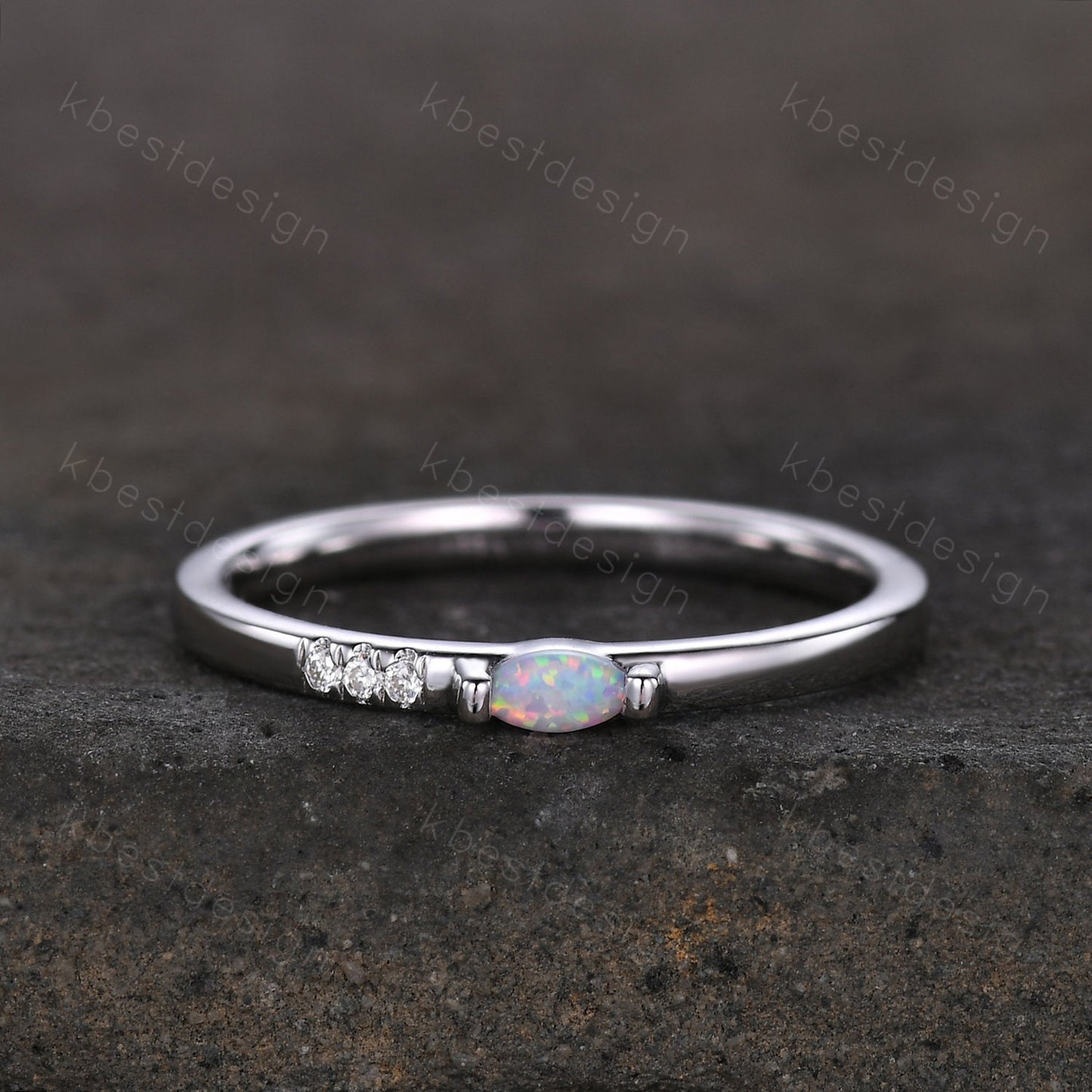 Minimalist Opal wedding band silver Moissanite band dainty marquise cut opal ring Unique stacking matching band Promise Anniversary gift
