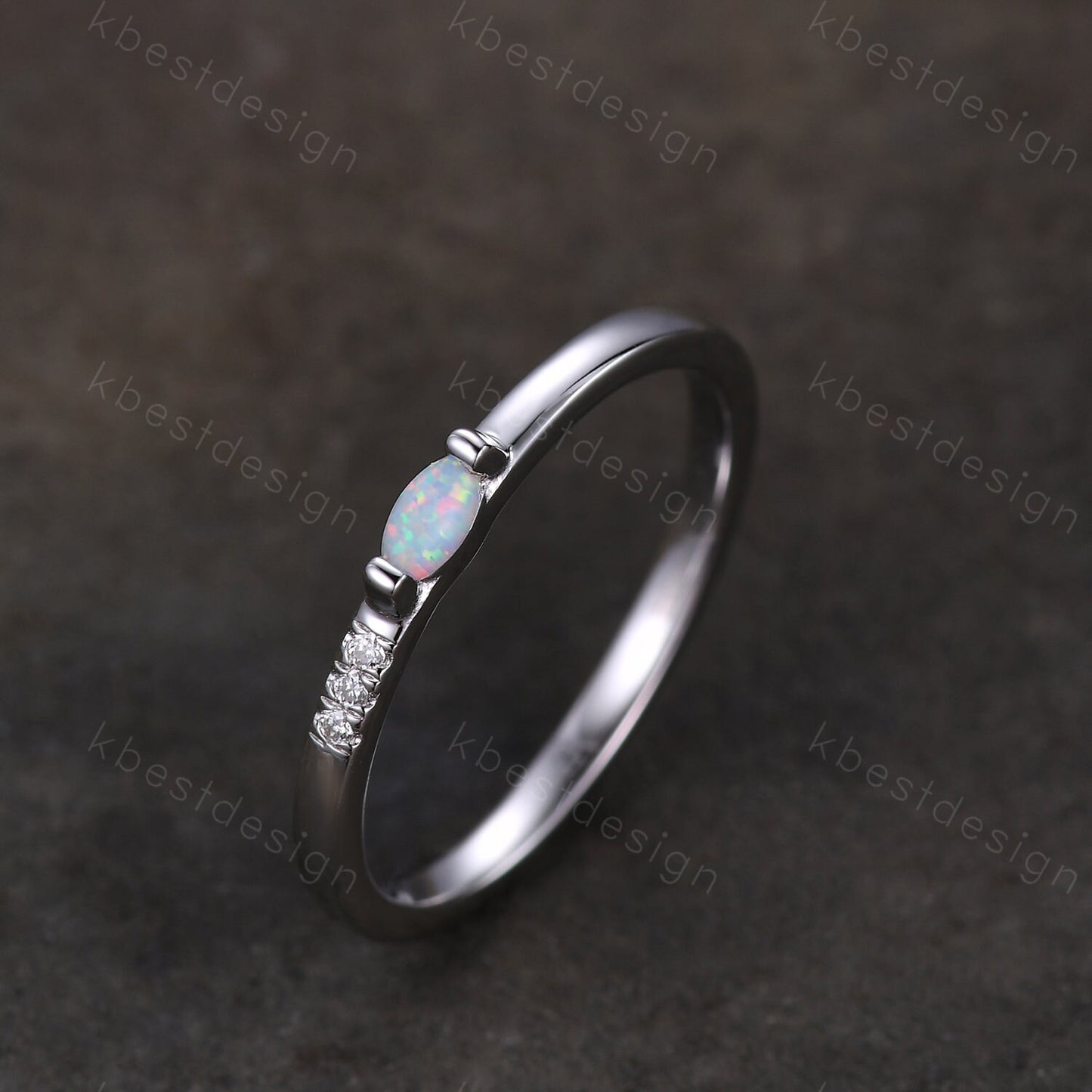 Minimalist Opal wedding band silver Moissanite band dainty marquise cut opal ring Unique stacking matching band Promise Anniversary gift