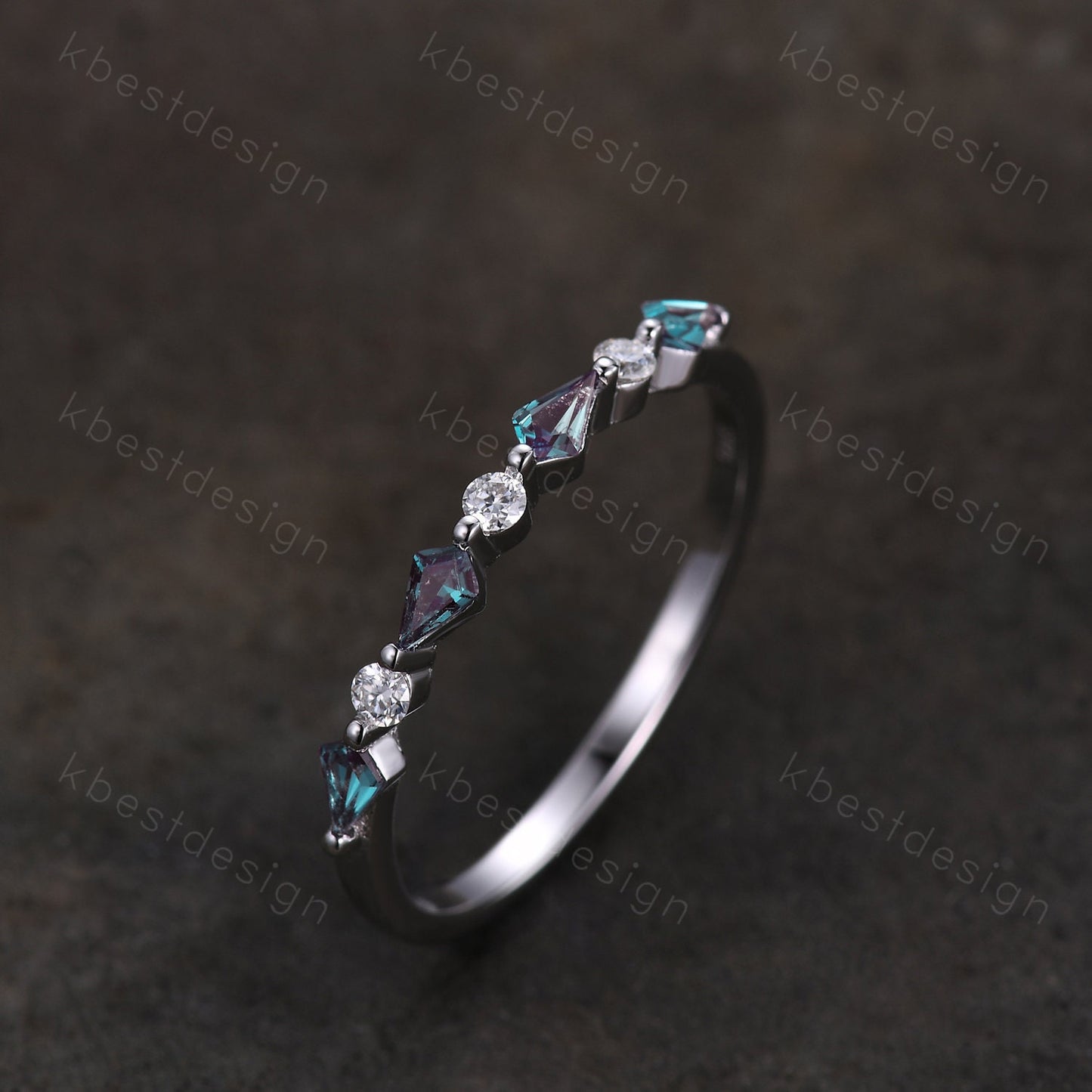 Vintage Alexandrite Wedding Band Kite cut Wedding Band Women Rose Gold Band Unique Half eternity band Delicate Stacking Band Gift for Her