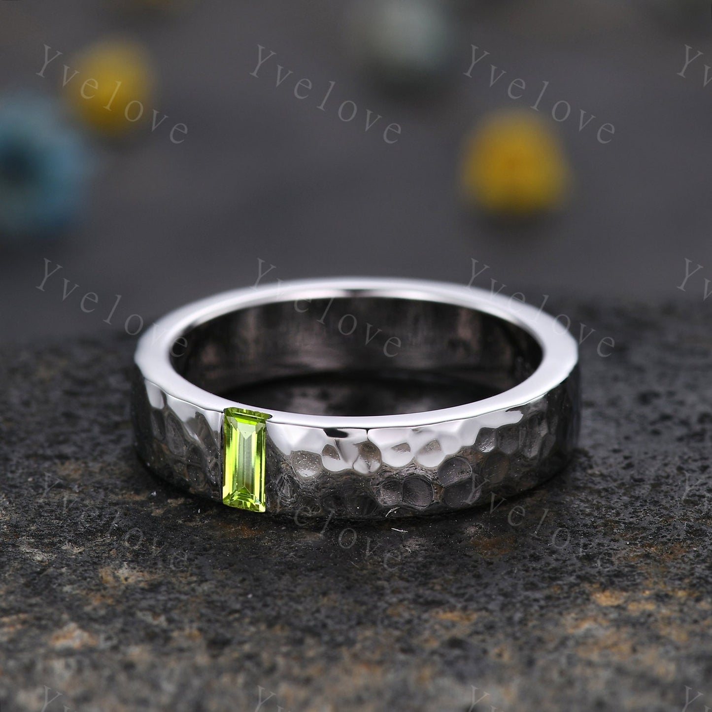 Men Peridot Wedding Band Baguette Cut Peridot Band 5mm Solid Gold Ring Mens Hammered Stacking Matching Band Retro Vintage Ring father Gift