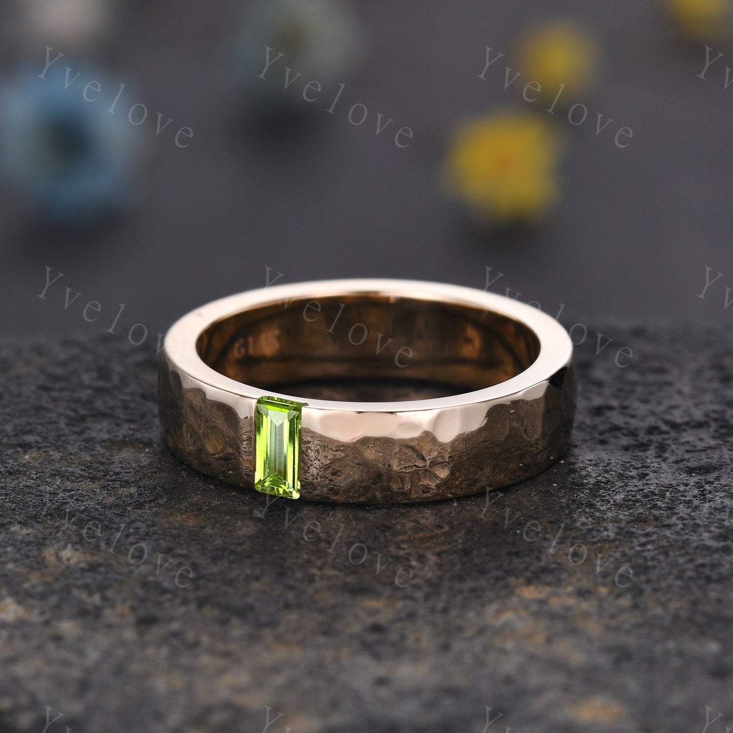 Men Peridot Wedding Band Baguette Cut Peridot Band 5mm Solid Gold Ring Mens Hammered Stacking Matching Band Retro Vintage Ring father Gift