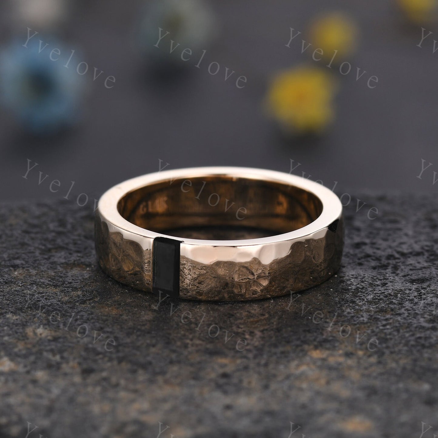 Men Peridot Wedding Band Baguette Cut Peridot Band 5mm Solid Gold Ring Mens Hammered Stacking Matching Band Retro Vintage Ring father Gift