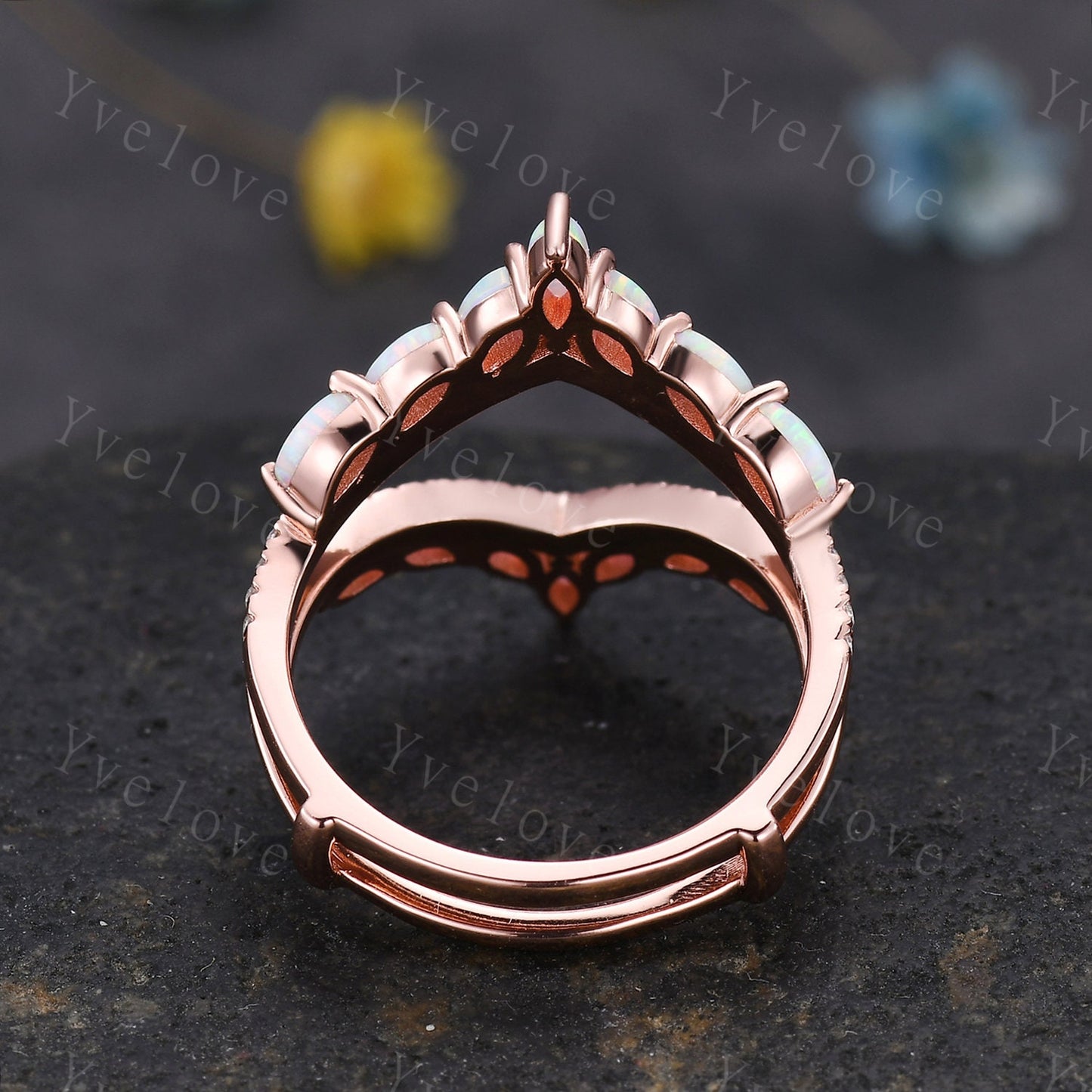 Unique White Opal ring,Opal wedding band,Marquise opal enhancer ring,Curved V stacking matching band,Moissanite ring,White gold ring,Custom