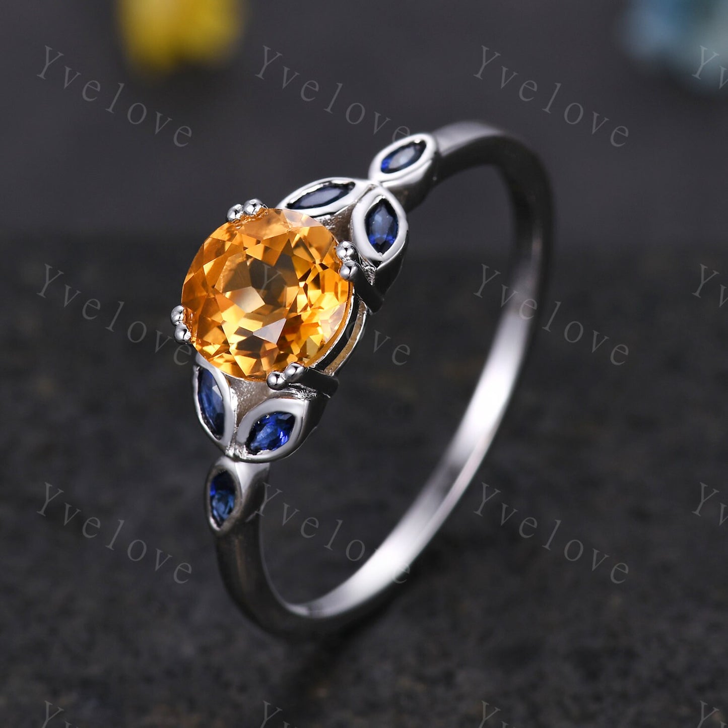 7mm Round Citrine Engagement Ring,Marquise Shaped Blue Sapphire Ring,Solid White Gold Ring,Anniversary Gift For Her,Citrine Promise Ring