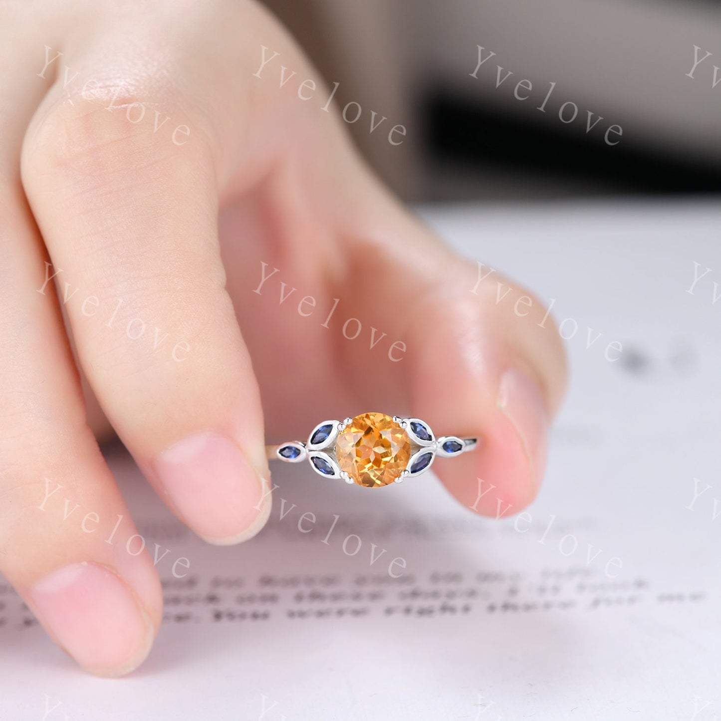 7mm Round Citrine Engagement Ring,Marquise Shaped Blue Sapphire Ring,Solid White Gold Ring,Anniversary Gift For Her,Citrine Promise Ring