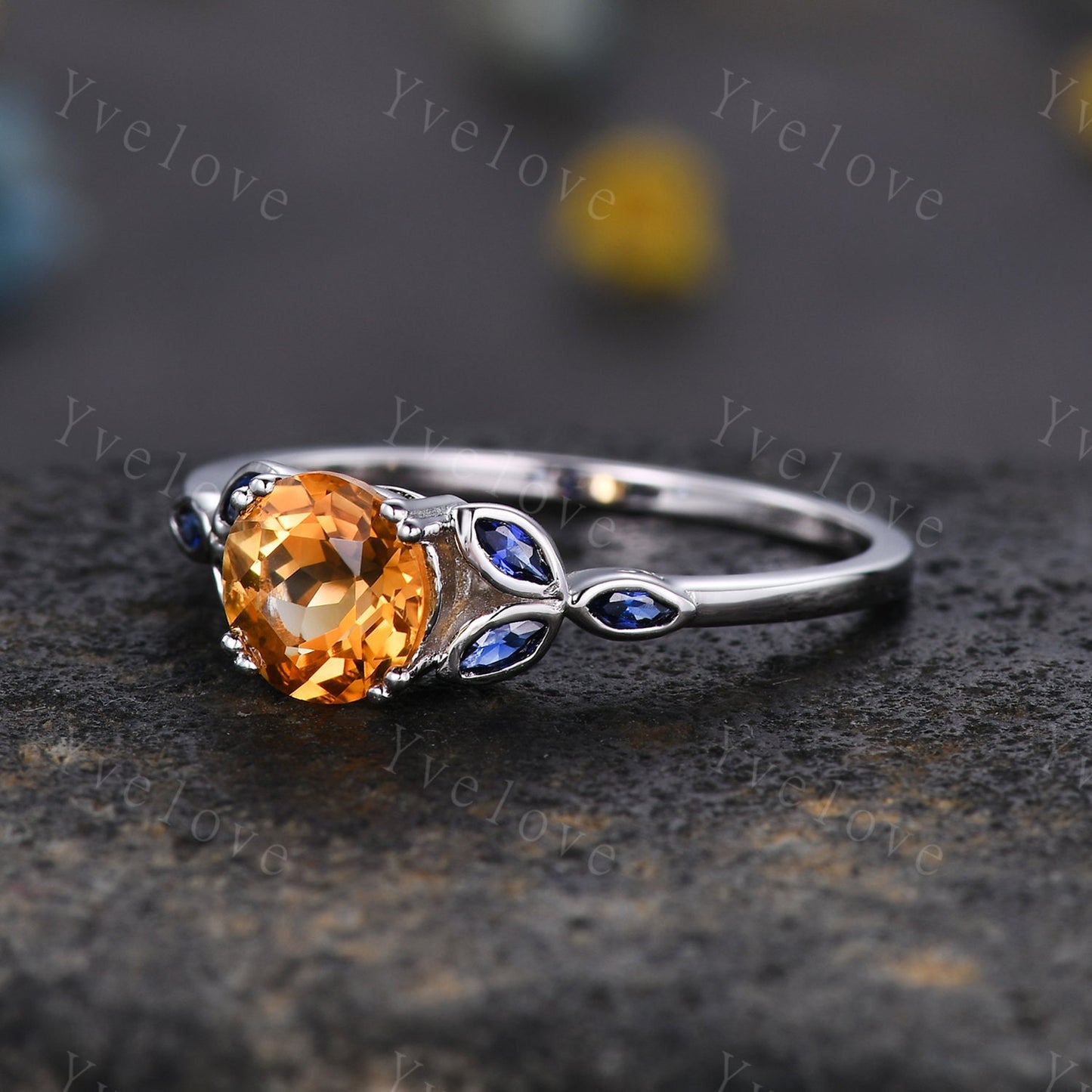 7mm Round Citrine Engagement Ring,Marquise Shaped Blue Sapphire Ring,Solid White Gold Ring,Anniversary Gift For Her,Citrine Promise Ring