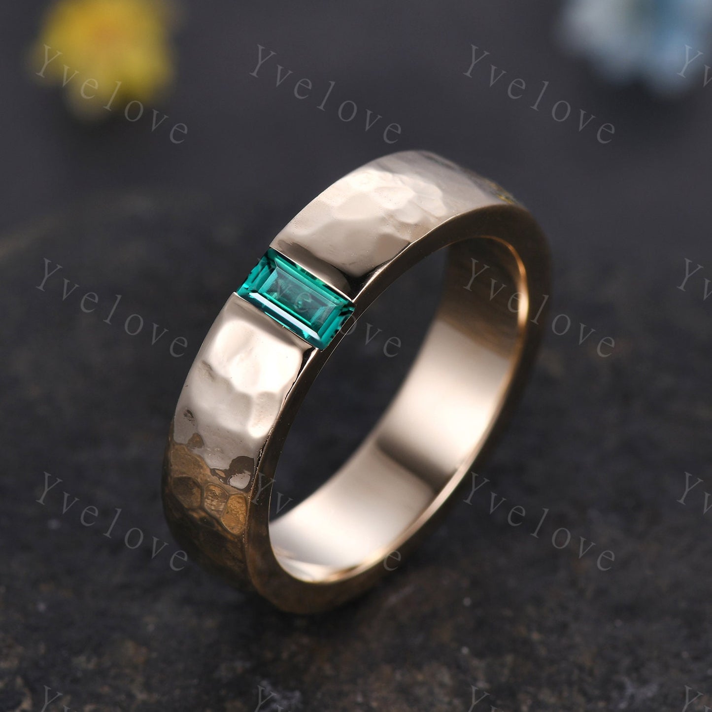 Mens Emerald Wedding Band Baguette Cut Green Emerald Band 5mm Solid White Ring Mens Hammered Stacking Matching Band Retro Vintage Ring Gift