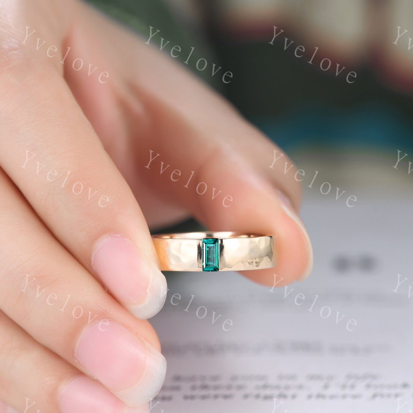 Mens Emerald Wedding Band Baguette Cut Green Emerald Band 5mm Solid White Ring Mens Hammered Stacking Matching Band Retro Vintage Ring Gift