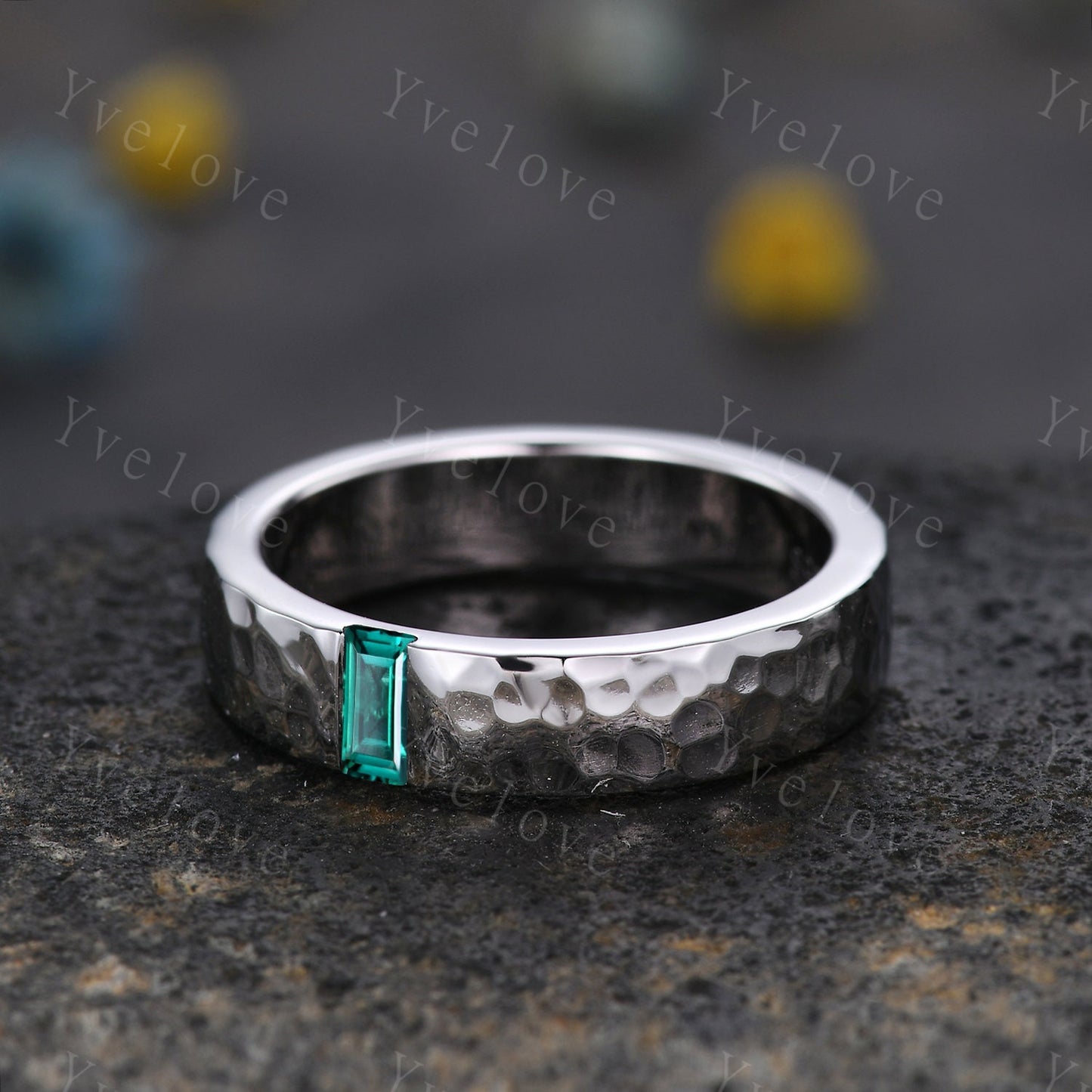 Mens Emerald Wedding Band Baguette Cut Green Emerald Band 5mm Solid White Ring Mens Hammered Stacking Matching Band Retro Vintage Ring Gift