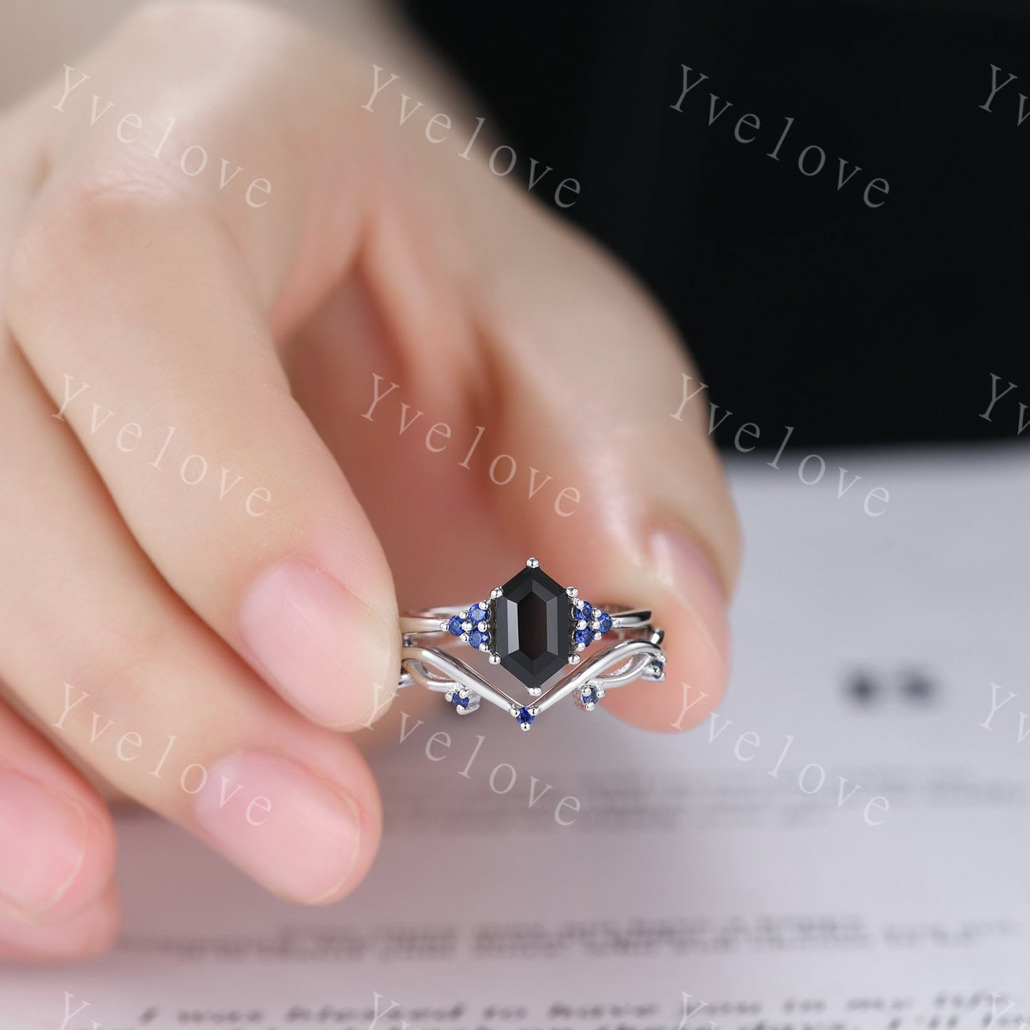 Retro hexagon Black Onyx Sapphire Ring,Vintage Silver Ring Set,Unique Black Onyx Engagement Ring,Promise Ring,Anniversary Ring Gift For Her