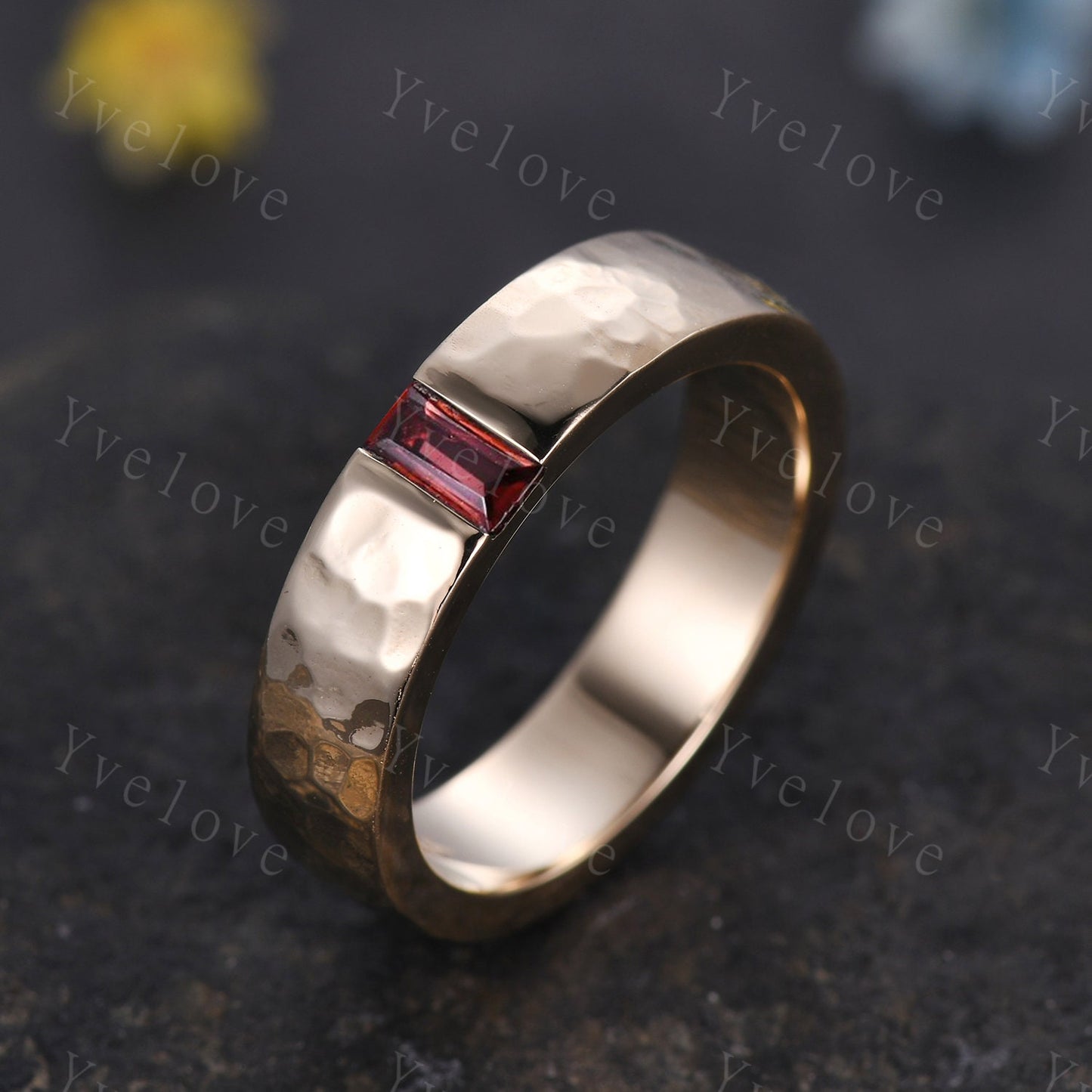 Mens Garnet Wedding Band Baguette Cut Red Garnet Band 5mm Solid White Ring Mens Hammered Stacking Matching Band Retro Vintage Ring Gift