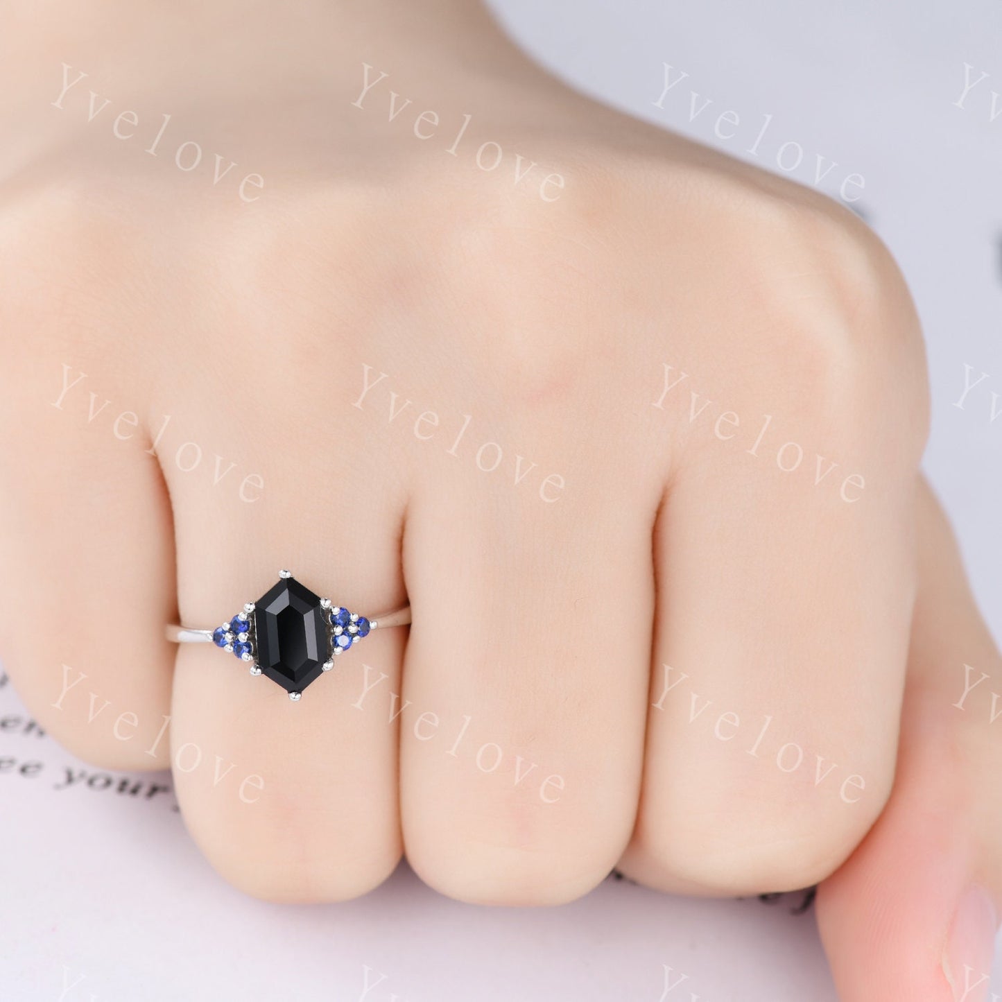 Retro hexagon Black Onyx Sapphire Ring,Vintage Sterling Silver Ring,Unique Black Gems Engagement Ring,Promise Ring,Bridal Ring Gift For Her