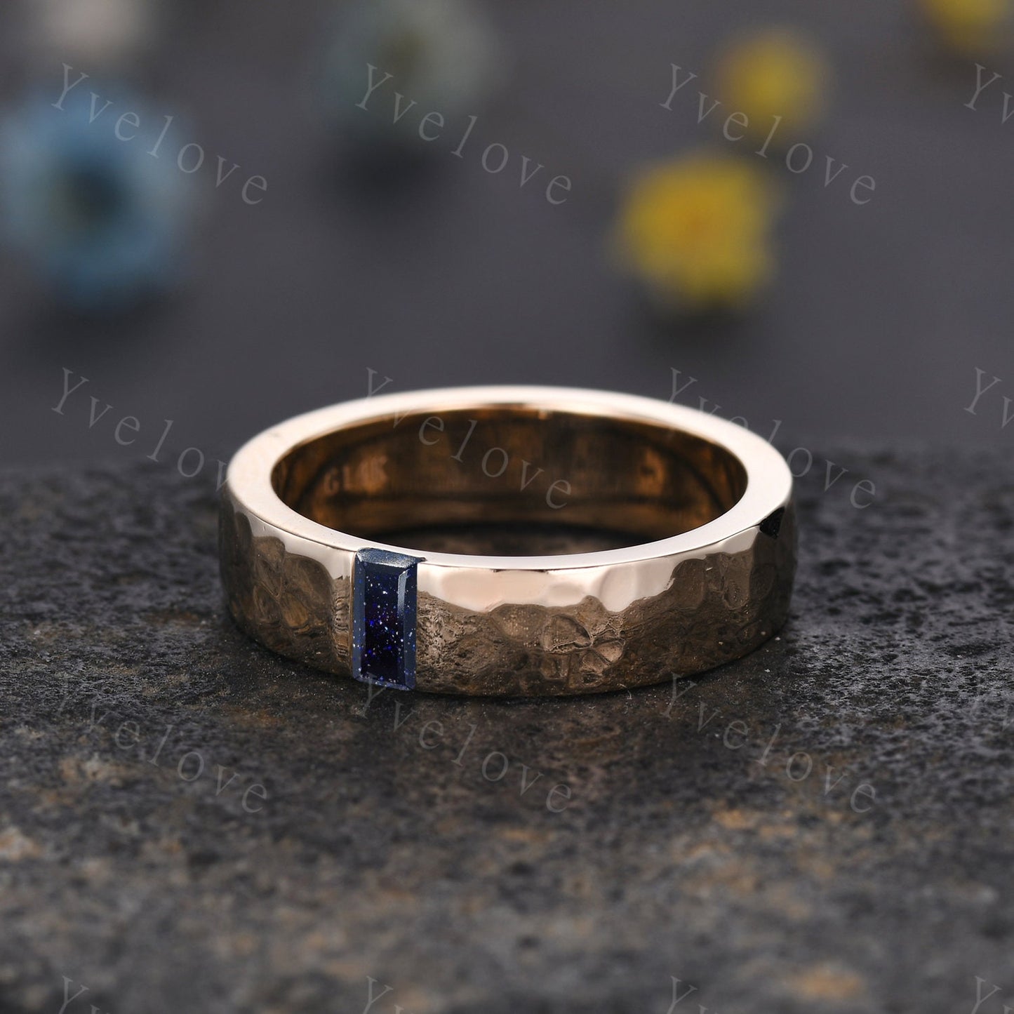 Mens Sandstone Wedding Band Baguette Cut Blue Sandstone Band 5mm Rose God Ring Mens Hammered Stacking Matching Band Retro Vintage Ring Gift
