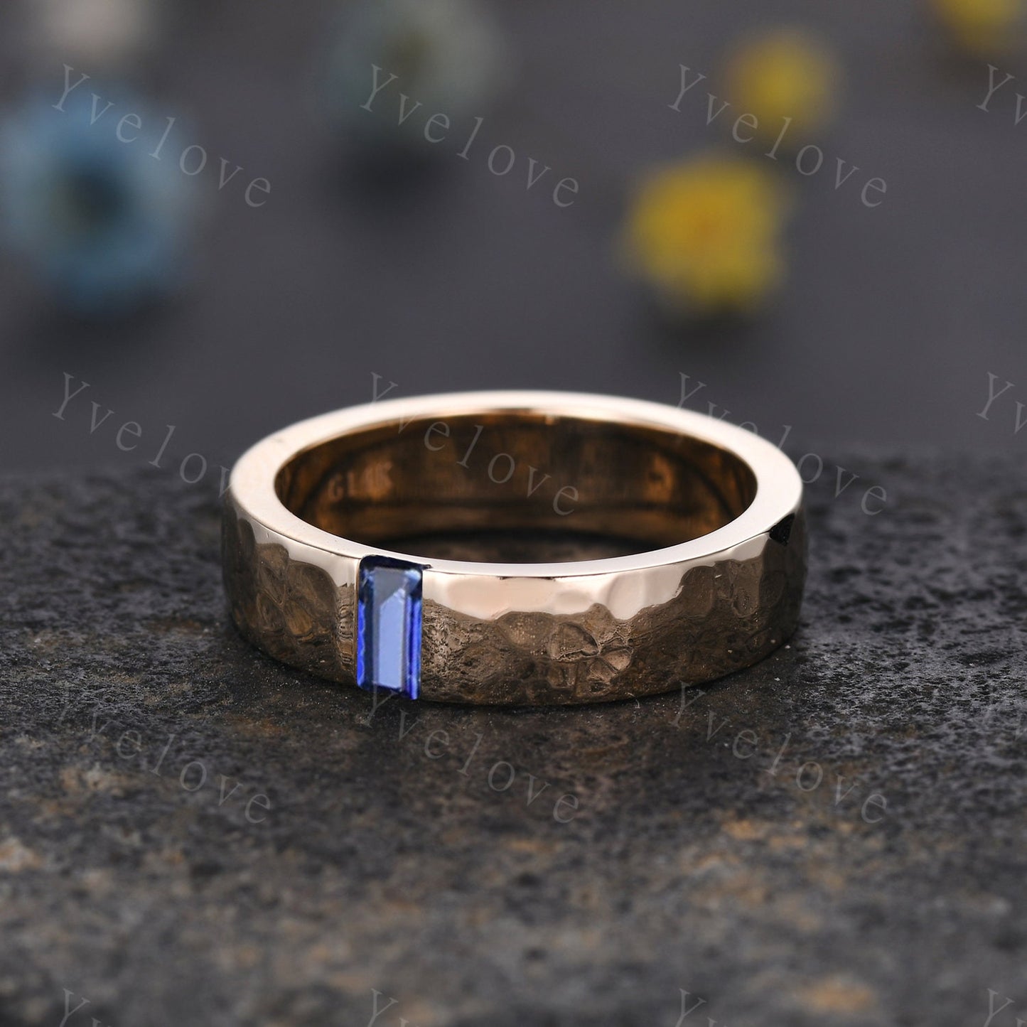 Mens Sapphire Wedding Band Baguette Cut Blue Sapphire Band 5mm Solid White Ring Mens Hammered Stacking Matching Band Retro Vintage Ring Gift