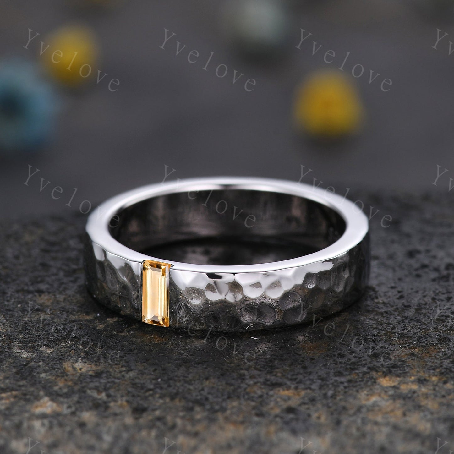 Mens Citrine Wedding Band Baguette Cut Yellow Citrine Band 5mm Solid Gold Ring Mens Hammered Stacking Matching Band Retro Vintage Ring Gift