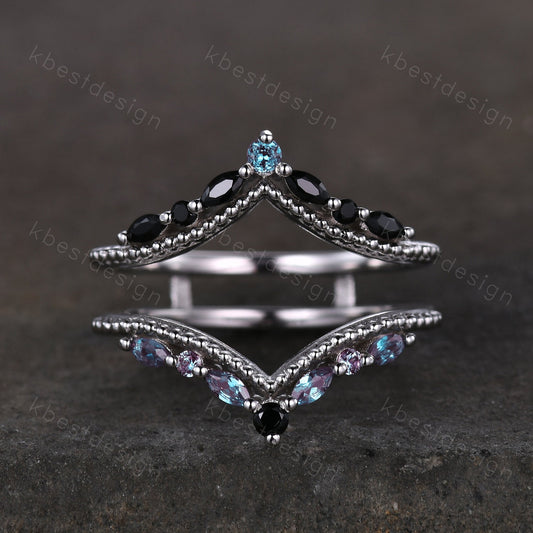 Unique curved Alexandrite wedding band White gold double curved black spinel stacking band art deco marquise enhancer bridal promise ring