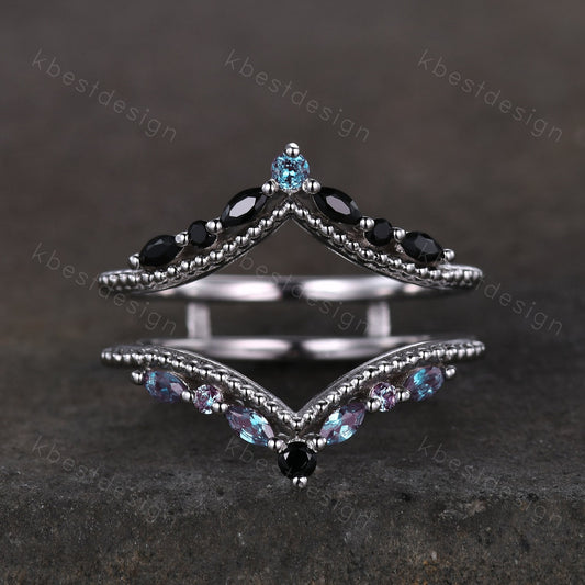 Unique curved Alexandrite wedding band White gold double curved black spinel stacking band art deco marquise enhancer bridal promise ring