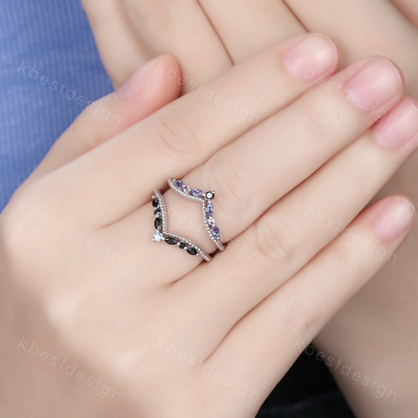 Unique curved Alexandrite wedding band White gold double curved black spinel stacking band art deco marquise enhancer bridal promise ring