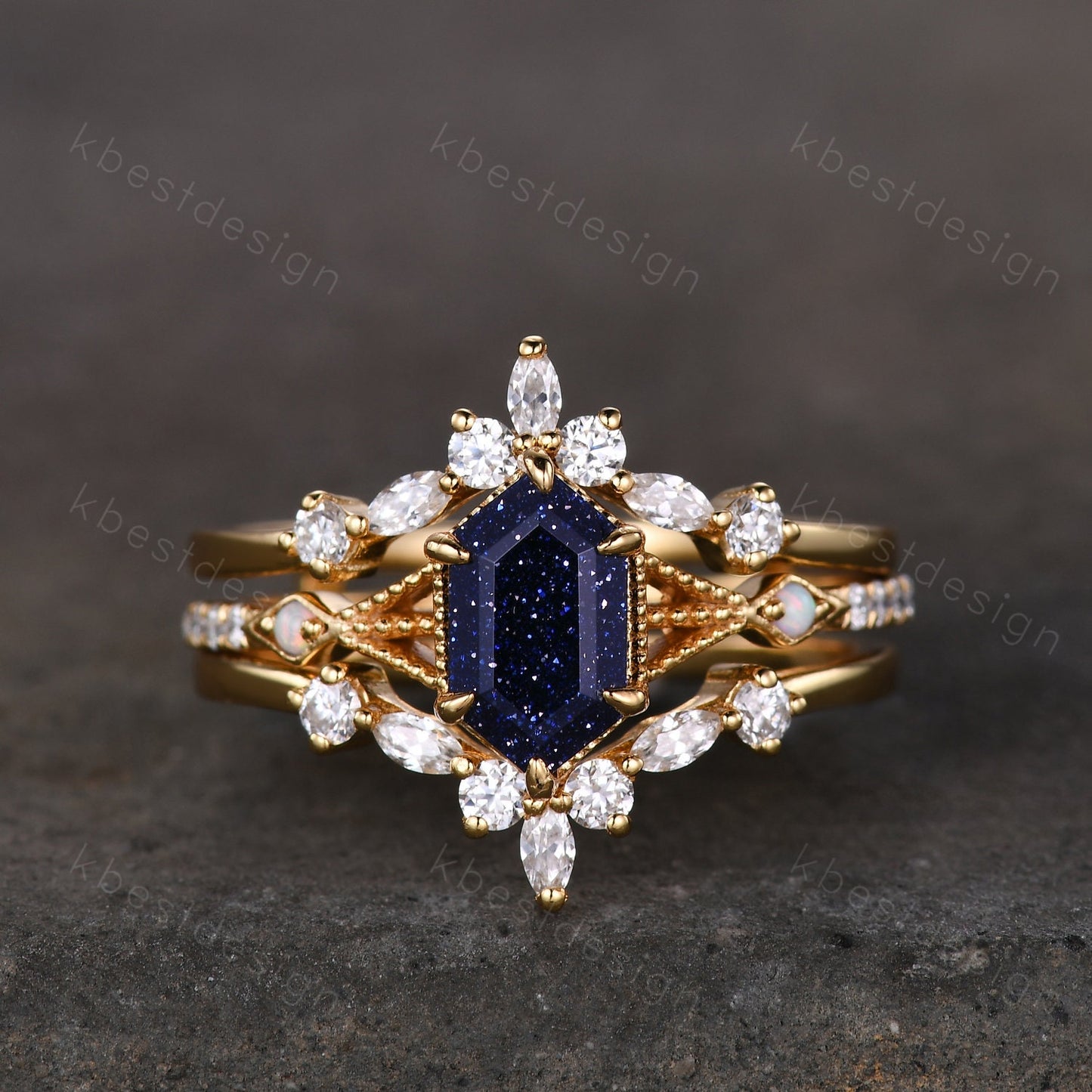 Antique Blue Sandstone Engagement Ring Set Hexagon cut Engagement Ring Unique Art Deco Moissanite Stacking Matching Band Bridal Promise Set