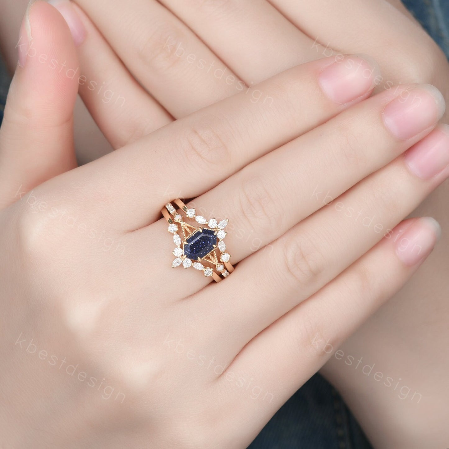 Antique Blue Sandstone Engagement Ring Set Yellow Gold Hexagon cut Ring Unique Art Deco Moissanite Stacking Matching Band Bridal Promise Set