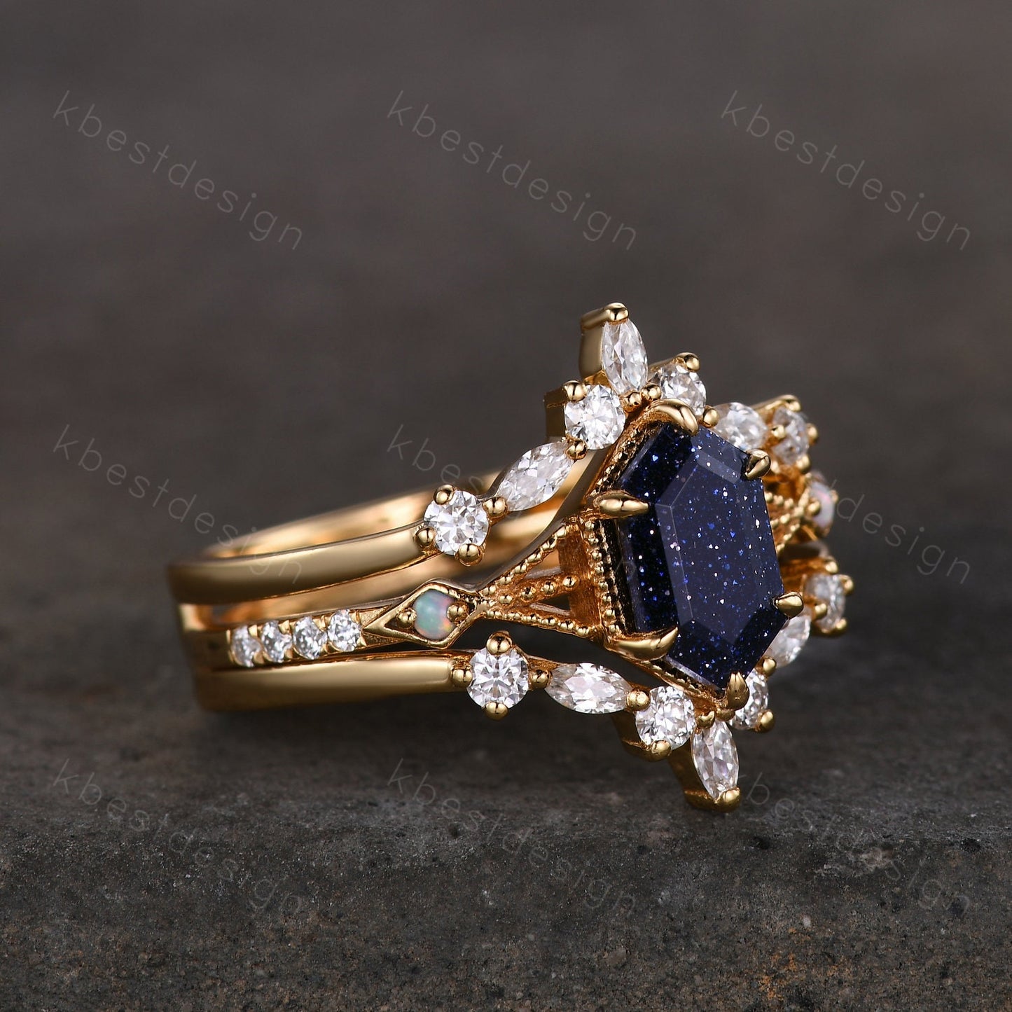 Antique Blue Sandstone Engagement Ring Set Yellow Gold Hexagon cut Ring Unique Art Deco Moissanite Stacking Matching Band Bridal Promise Set