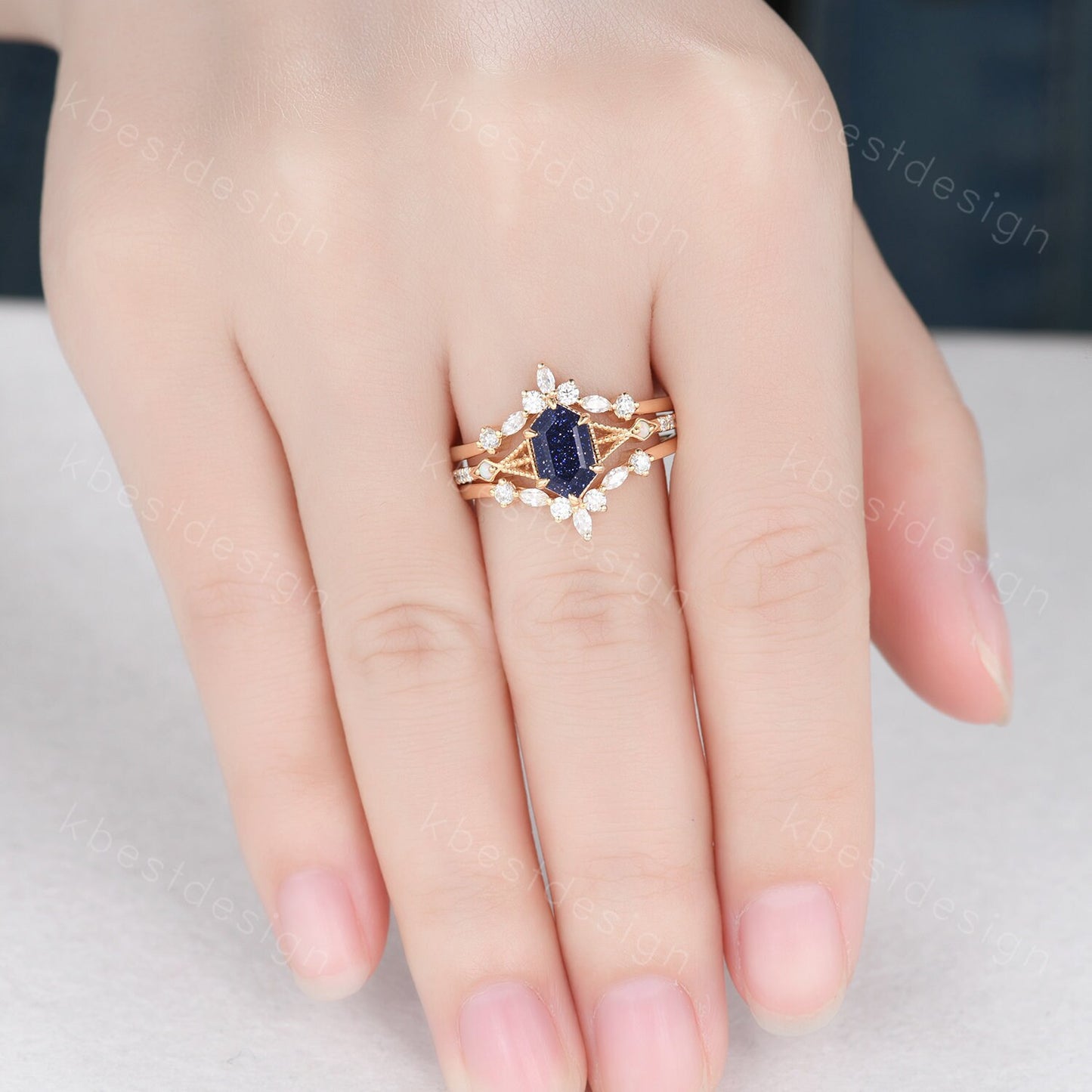 Antique Blue Sandstone Engagement Ring Set Yellow Gold Hexagon cut Ring Unique Art Deco Moissanite Stacking Matching Band Bridal Promise Set