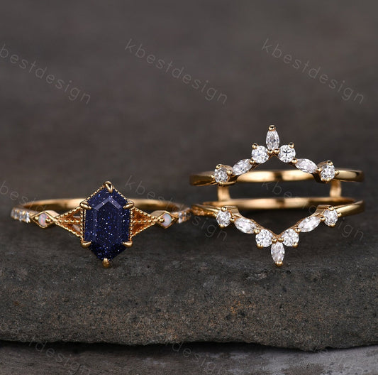 Antique Blue Sandstone Engagement Ring Set Yellow Gold Hexagon cut Ring Unique Art Deco Moissanite Stacking Matching Band Bridal Promise Set