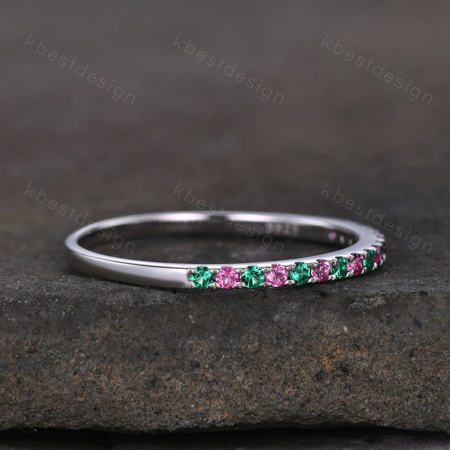 Dainty emerald and pink tourmaline wedding band minimalist half eternity silver wedding ring Art deco micro pave anniversary ring