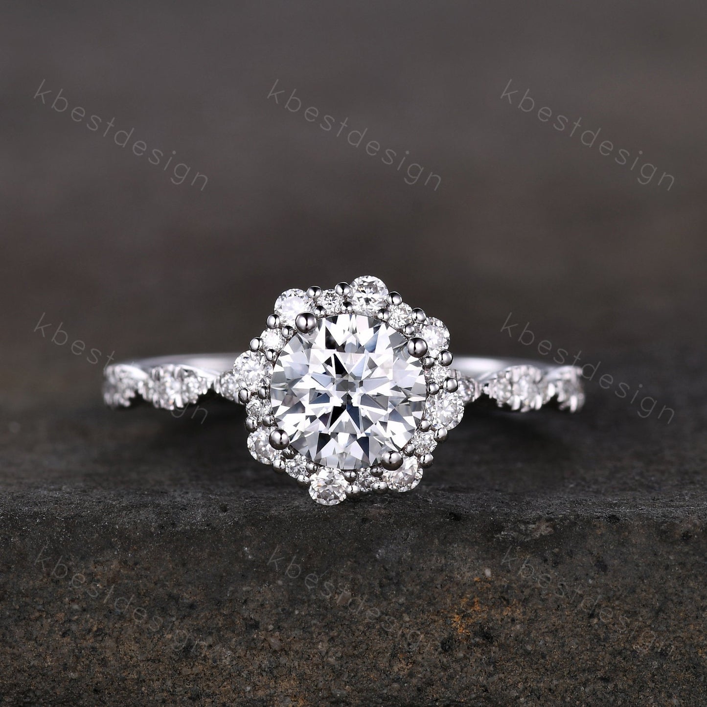 Vintage round Moissanite engagement ring white gold unique halo engagement ring art deco diamond wedding ring women retro anniversary ring