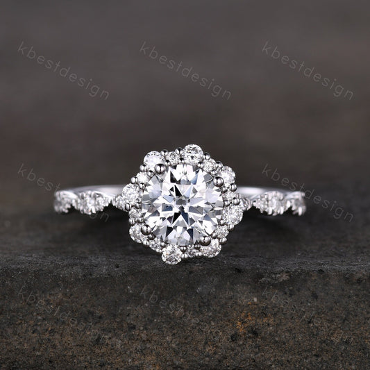 Vintage round Moissanite engagement ring white gold unique halo engagement ring art deco diamond wedding ring women retro anniversary ring