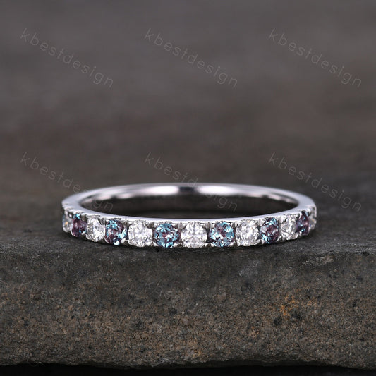 2mm Moissanite Alexandrite Wedding Band Half Eternity Stacking Band Colorless Moissanite Ring Women Matching Band Promise Anniversary Ring